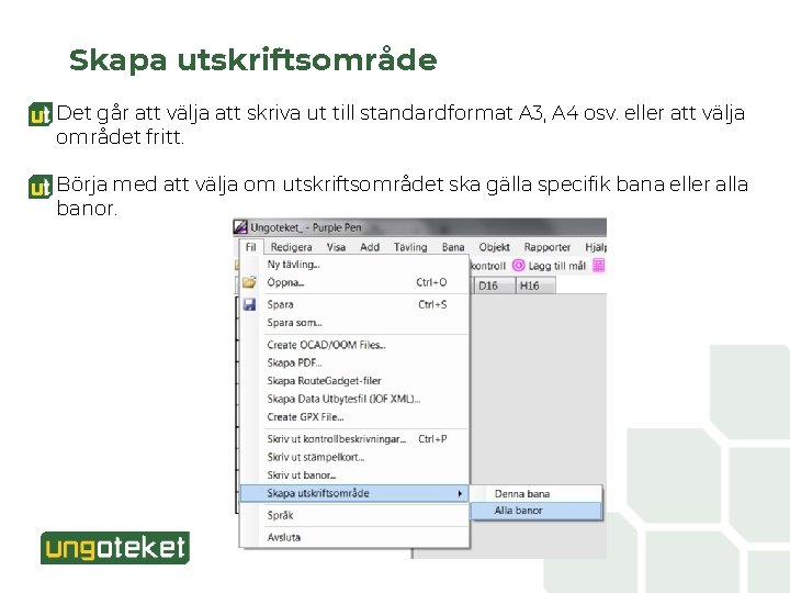 Skapa utskriftsområde Det går att välja att skriva ut till standardformat A 3, A