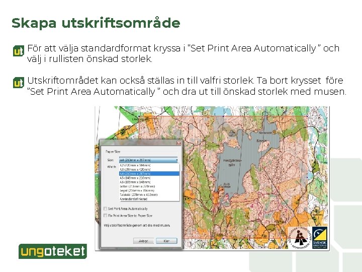 Skapa utskriftsområde För att välja standardformat kryssa i ”Set Print Area Automatically ” och