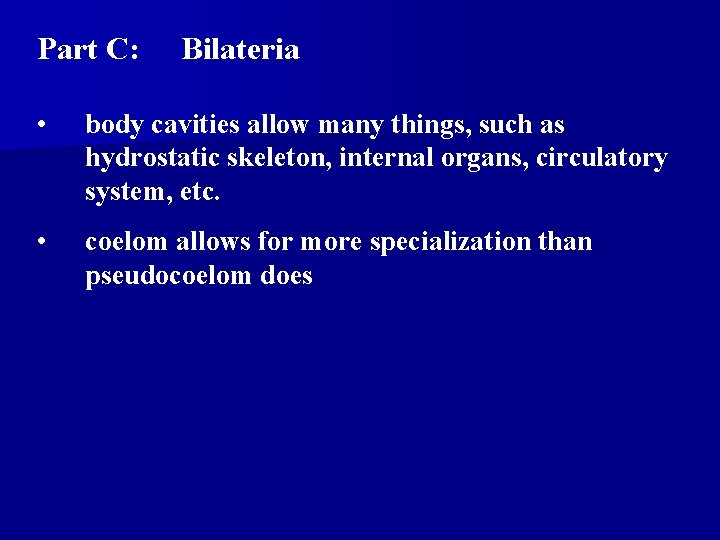 Part C: Bilateria • body cavities allow many things, such as hydrostatic skeleton, internal Part C: Bilateria • body cavities allow many things, such as hydrostatic skeleton, internal