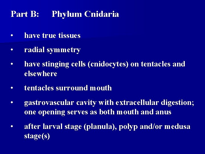 Part B: Phylum Cnidaria • have true tissues • radial symmetry • have stinging Part B: Phylum Cnidaria • have true tissues • radial symmetry • have stinging
