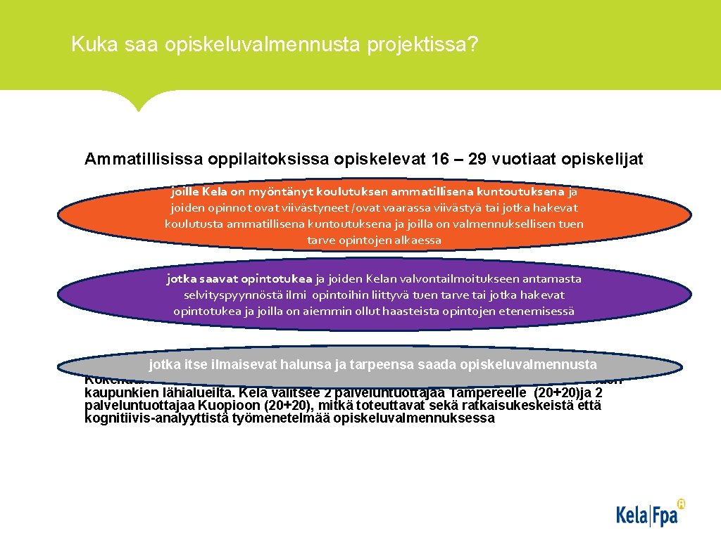 Kuka saa opiskeluvalmennusta projektissa? Ammatillisissa oppilaitoksissa opiskelevat 16 – 29 vuotiaat opiskelijat joille Kela