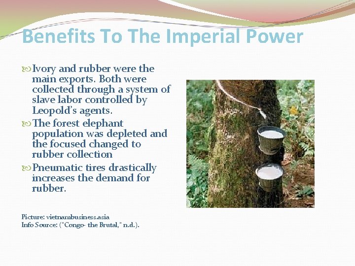 Benefits To The Imperial Power Ivory and rubber were the main exports. Both were