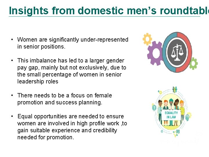Insights from domestic men’s roundtable • Women are significantly under-represented in senior positions. •
