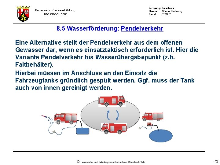 Feuerwehr-Kreisausbildung Rheinland-Pfalz Lehrgang: Maschinist Thema: Wasserförderung Stand: 07/2017 8. 5 Wasserförderung: Pendelverkehr Eine Alternative