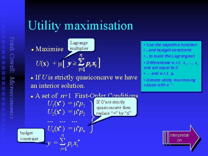 Utility maximisation Frank Cowell: Microeconomics l Maximise Lagrange multiplier n U(x) + m y
