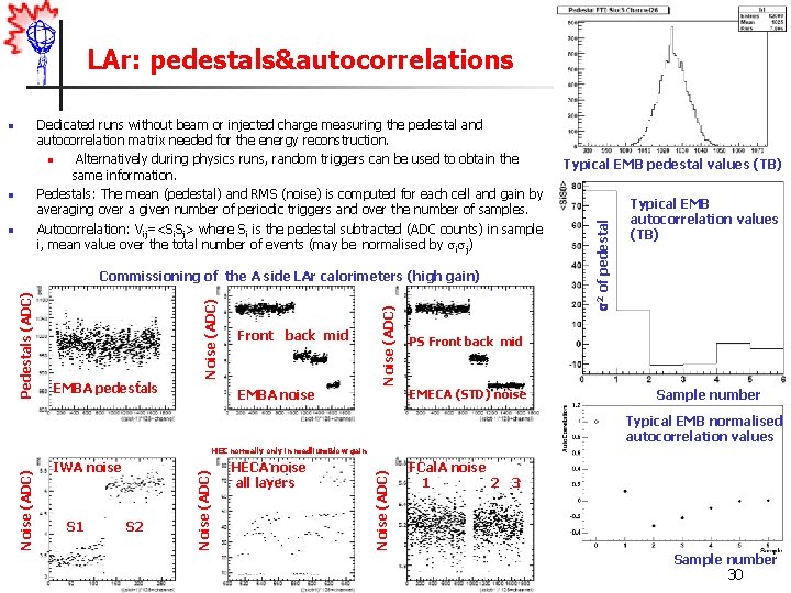 LAr: pedestals&autocorrelations n n EMBA pedestals Front back mid Noise (ADC) Pedestals (ADC) Commissioning