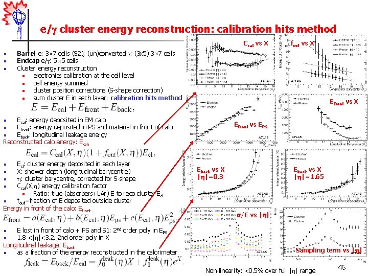 e/ cluster energy reconstruction: calibration hits method Ccal vs X n n n fout