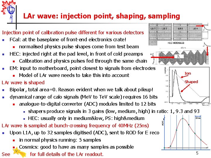 LAr wave: injection point, shaping, sampling Injection point of calibration pulse different for various