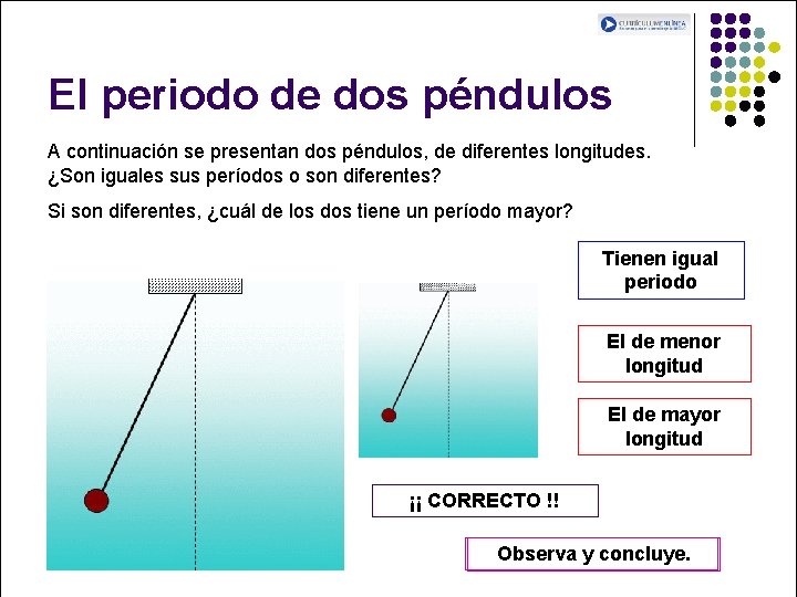 El periodo de dos péndulos A continuación se presentan dos péndulos, de diferentes longitudes.