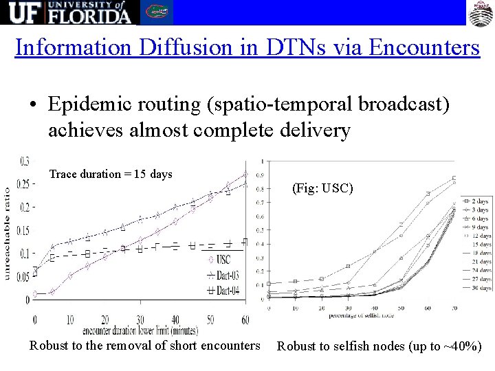 Information Diffusion in DTNs via Encounters • Epidemic routing (spatio-temporal broadcast) achieves almost complete