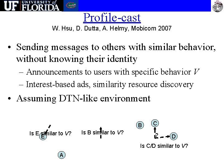 Profile-cast W. Hsu, D. Dutta, A. Helmy, Mobicom 2007 • Sending messages to others