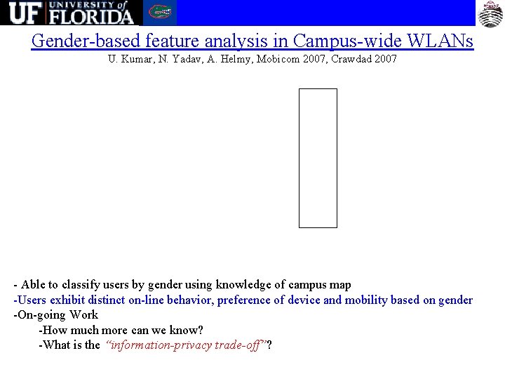 Gender-based feature analysis in Campus-wide WLANs U. Kumar, N. Yadav, A. Helmy, Mobicom 2007,