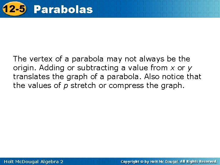 12 -5 Parabolas The vertex of a parabola may not always be the origin.