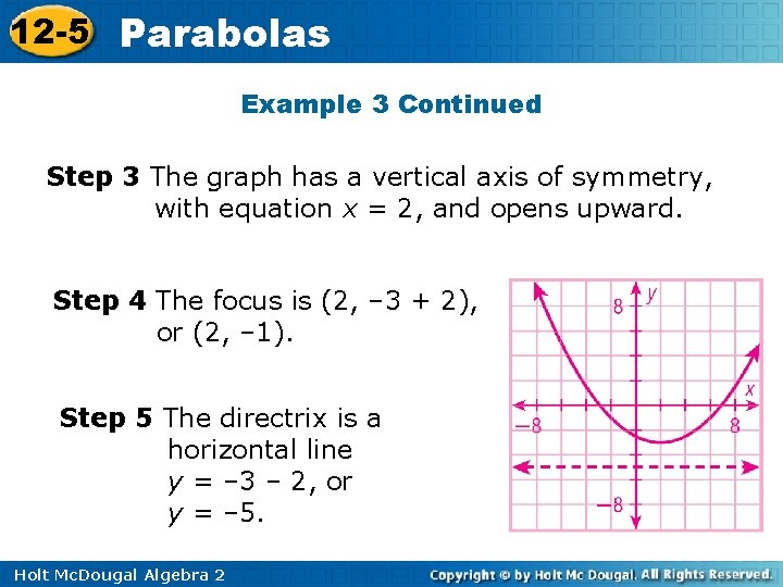 12 -5 Parabolas Example 3 Continued Step 3 The graph has a vertical axis