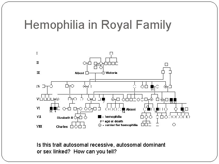 Hemophilia in Royal Family Is this trait autosomal recessive, autosomal dominant or sex linked?