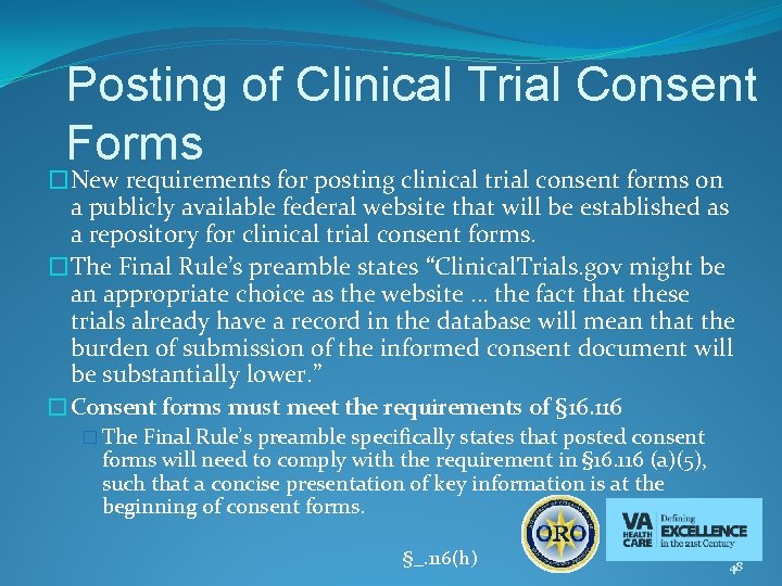 Posting of Clinical Trial Consent Forms �New requirements for posting clinical trial consent forms