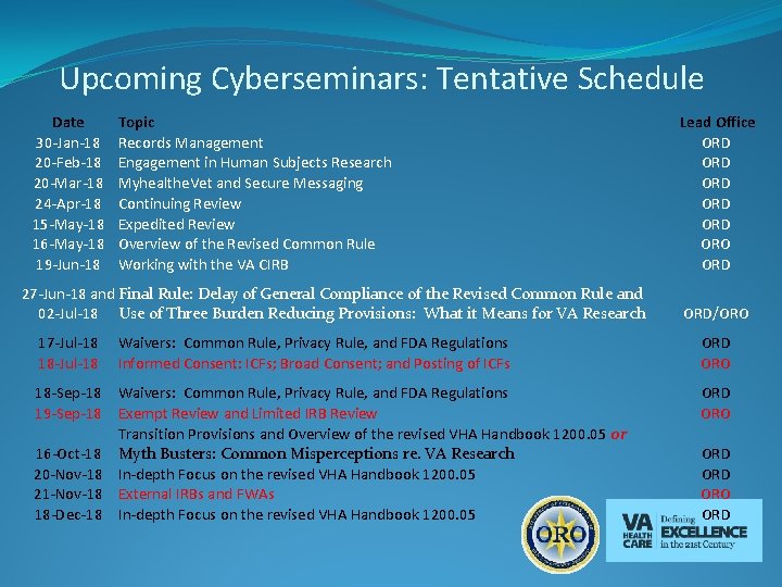 Upcoming Cyberseminars: Tentative Schedule Date 30 -Jan-18 20 -Feb-18 20 -Mar-18 24 -Apr-18 15