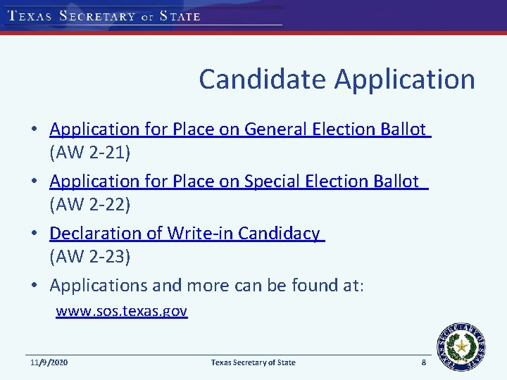 Candidate Application • Application for Place on General Election Ballot (AW 2 -21) •