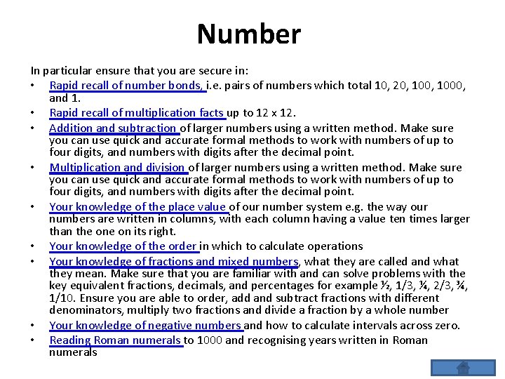 Number In particular ensure that you are secure in: • Rapid recall of number Number In particular ensure that you are secure in: • Rapid recall of number