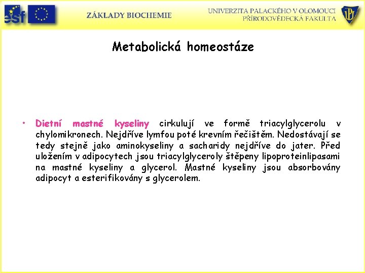 Metabolická homeostáze • Dietní mastné kyseliny cirkulují ve formě triacylglycerolu v chylomikronech. Nejdříve lymfou