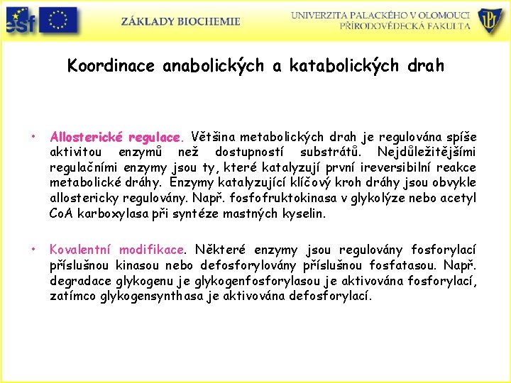 Koordinace anabolických a katabolických drah • Allosterické regulace. Většina metabolických drah je regulována spíše