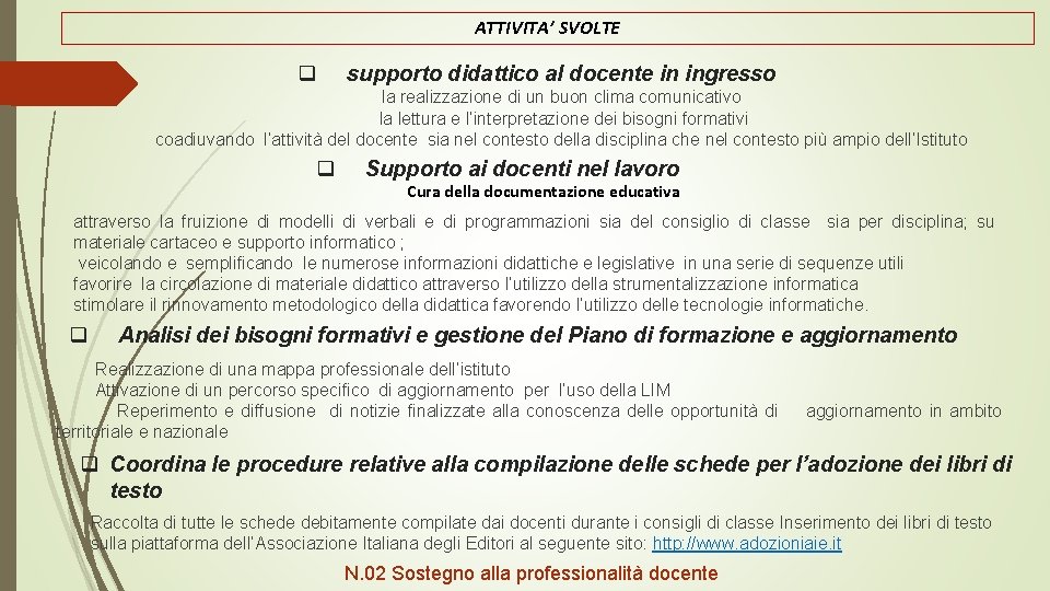 ATTIVITA’ SVOLTE q supporto didattico al docente in ingresso la realizzazione di un buon