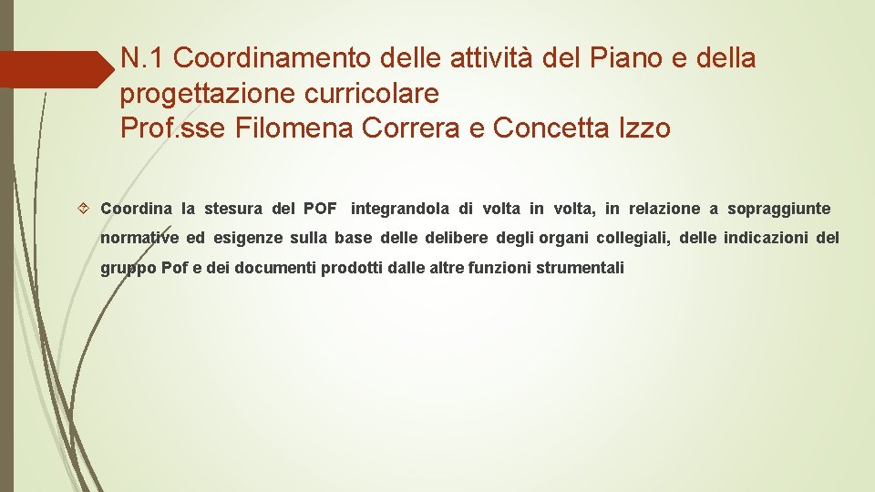N. 1 Coordinamento delle attività del Piano e della progettazione curricolare Prof. sse Filomena