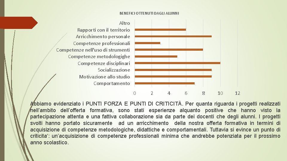 BENEFICI OTTENUTI DAGLI ALUNNI Altro Rapporti con il territorio Arricchimento personale Competenze professionali Competenze