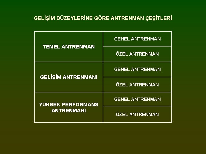 GELİŞİM DÜZEYLERİNE GÖRE ANTRENMAN ÇEŞİTLERİ GENEL ANTRENMAN TEMEL ANTRENMAN ÖZEL ANTRENMAN GENEL ANTRENMAN GELİŞİM