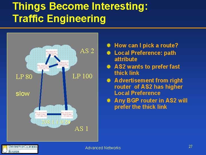 Things Become Interesting: Traffic Engineering AS 2 LP 100 LP 80 slow 208. 1.