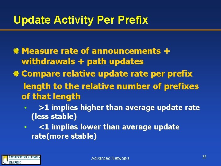 Update Activity Per Prefix Measure rate of announcements + withdrawals + path updates Compare