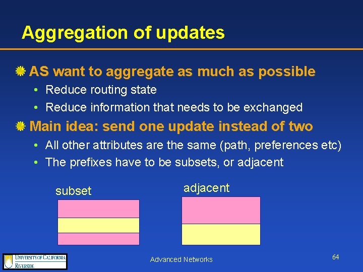 Aggregation of updates AS want to aggregate as much as possible • Reduce routing