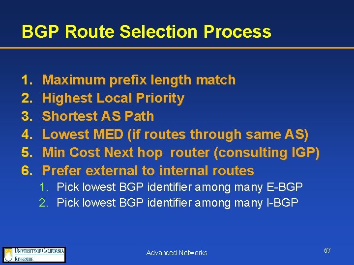 BGP Route Selection Process 1. 2. 3. 4. 5. 6. Maximum prefix length match