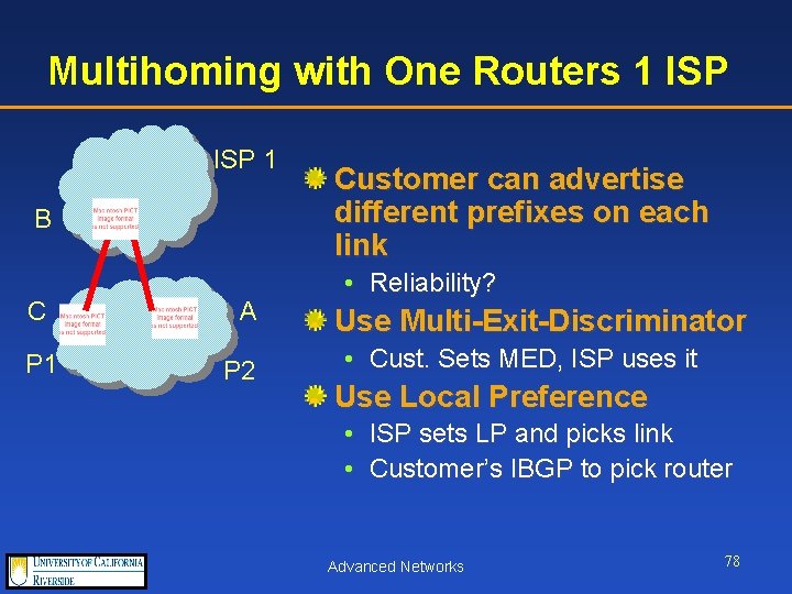 Multihoming with One Routers 1 ISP 1 B C P 1 A P 2