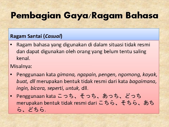 Pembagian Gaya/Ragam Bahasa Ragam Santai (Casual) • Ragam bahasa yang digunakan di dalam situasi