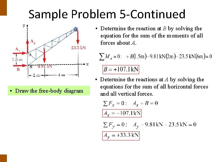 Sample Problem 5 -Continued y • Determine the reaction at B by solving the