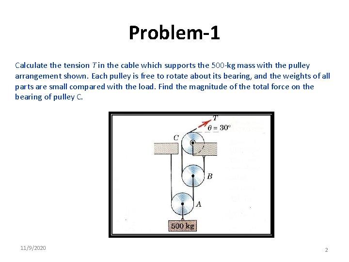 Problem-1 Calculate the tension T in the cable which supports the 500 -kg mass