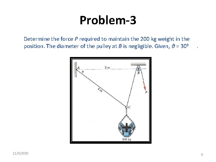 Problem-3 Determine the force P required to maintain the 200 kg weight in the