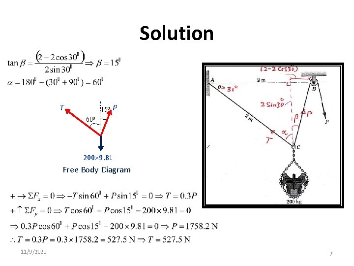 Solution T 150 P 600 200× 9. 81 Free Body Diagram 11/9/2020 7 