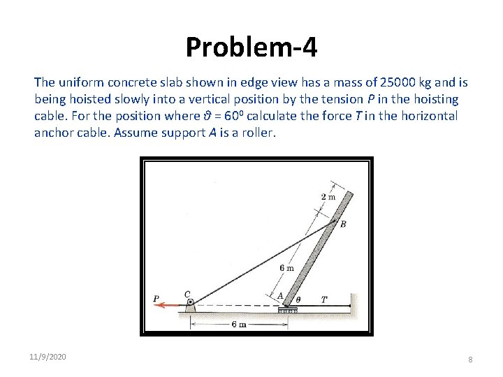 Problem-4 The uniform concrete slab shown in edge view has a mass of 25000