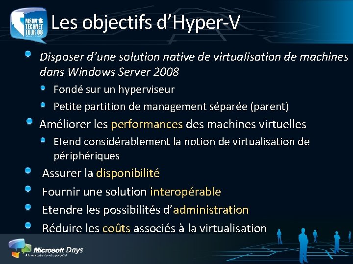 Les objectifs d’Hyper-V Disposer d’une solution native de virtualisation de machines dans Windows Server