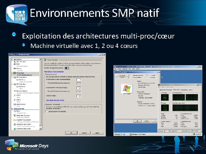 Environnements SMP natif Exploitation des architectures multi-proc/cœur Machine virtuelle avec 1, 2 ou 4