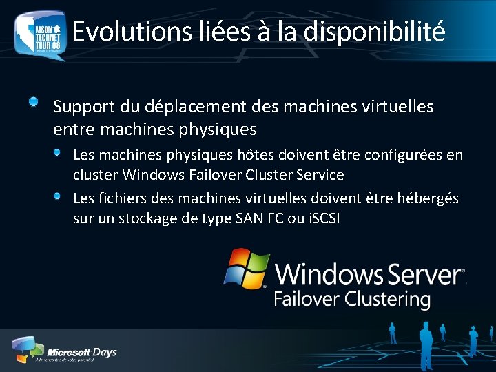 Evolutions liées à la disponibilité Support du déplacement des machines virtuelles entre machines physiques