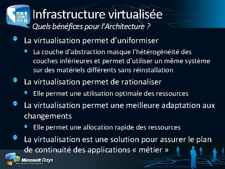 Infrastructure virtualisée Quels bénéfices pour l’Architecture ? La virtualisation permet d’uniformiser La couche d'abstraction