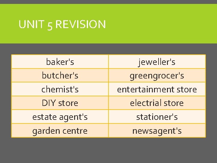 UNIT 5 REVISION baker's butcher's chemist's DIY store estate agent's garden centre jeweller's greengrocer's