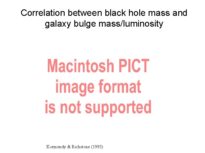 Correlation between black hole mass and galaxy bulge mass/luminosity Kormendy & Richstone (1995) 