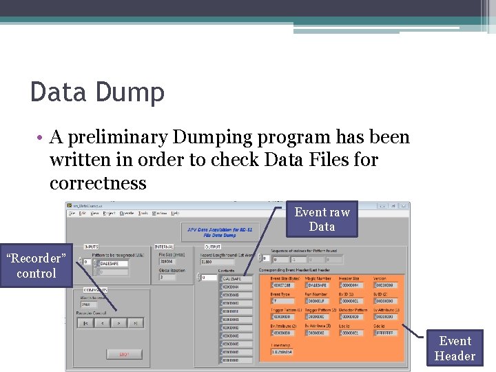 Data Dump • A preliminary Dumping program has been written in order to check