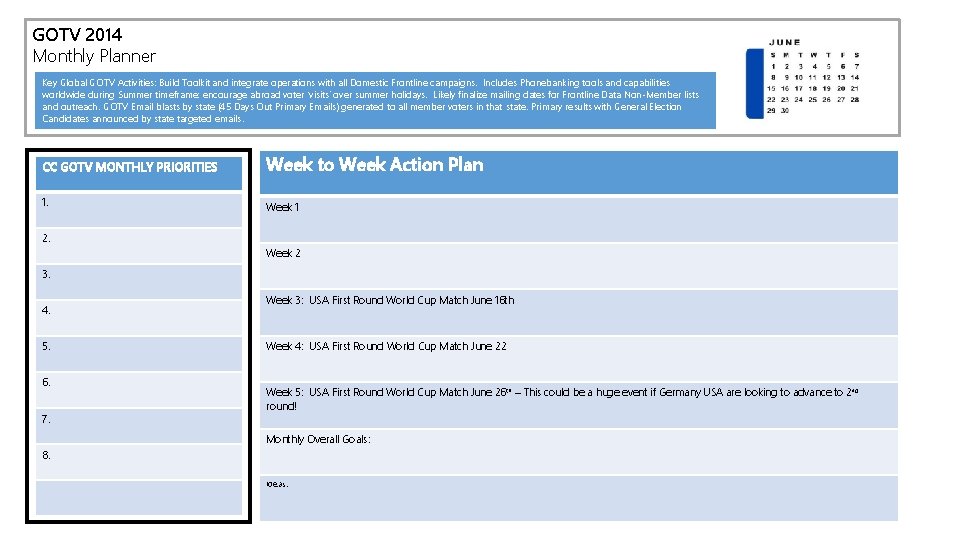 GOTV 2014 Monthly Planner Key Global GOTV Activities: Build Toolkit and integrate operations with