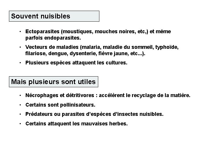 Souvent nuisibles • Ectoparasites (moustiques, mouches noires, etc, ) et même parfois endoparasites. •