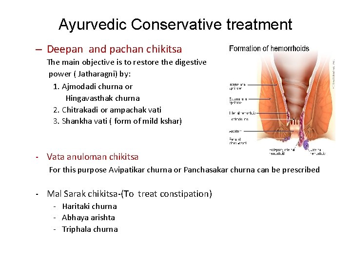 Ayurvedic Conservative treatment – Deepan and pachan chikitsa The main objective is to restore